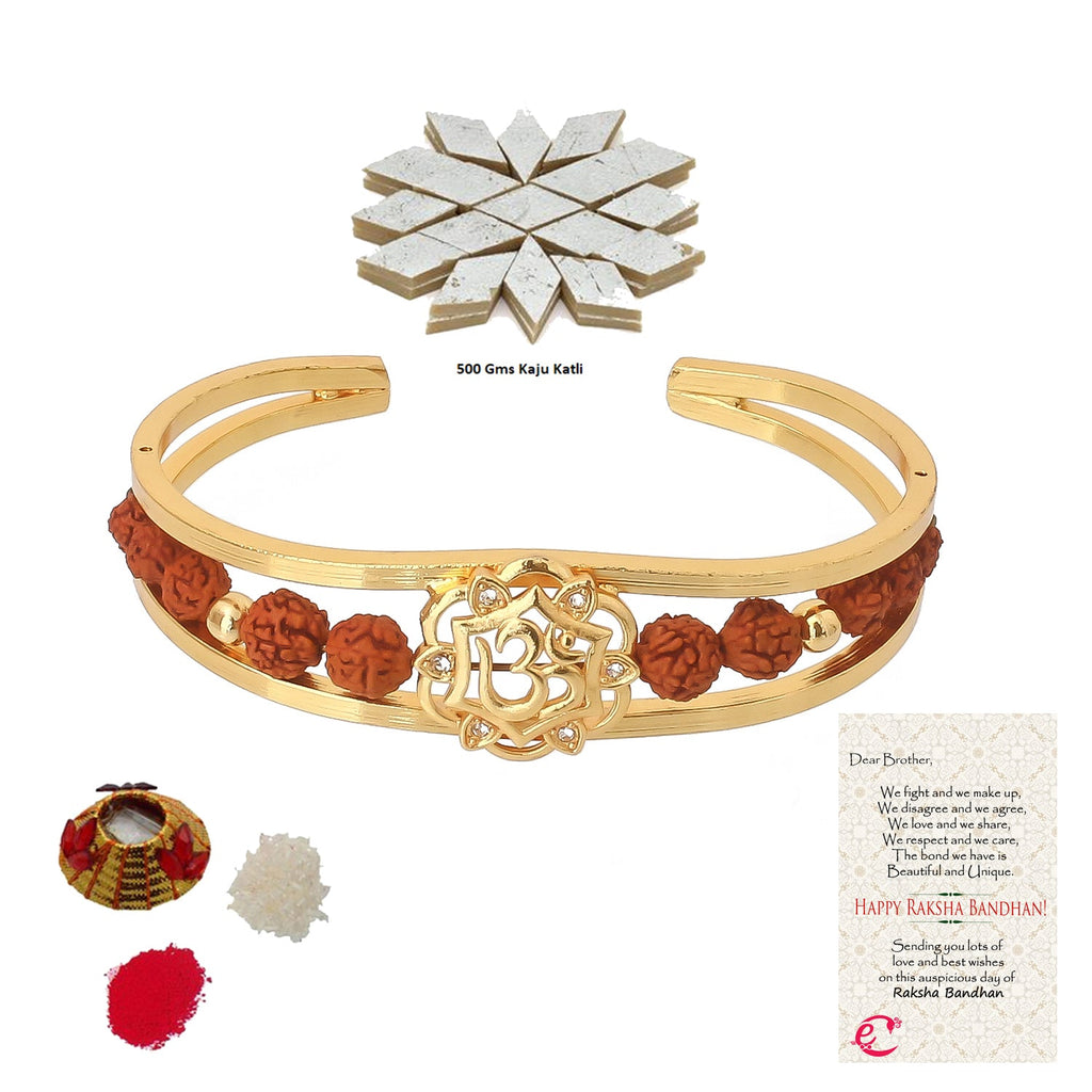 Rudrakash Kada with Kaju Katli (500 Gm) and Roli Tikka Matki, Best Wishes Greeting Card Kafalo