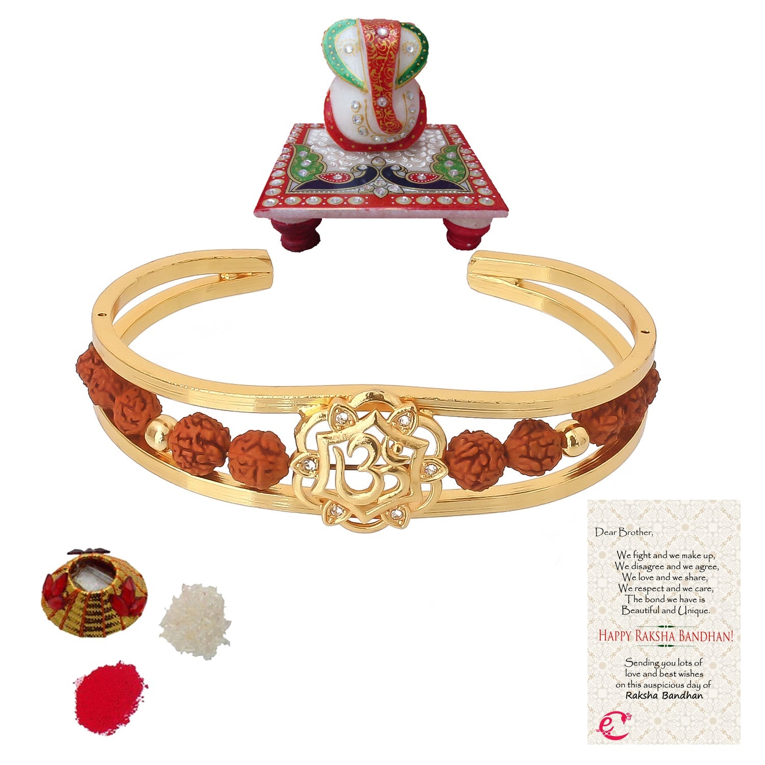 Rudrakash Kada with Lord Ganesha Marble Chowki and Roli Tikka Matki, Best Wishes Greeting Card Kafalo