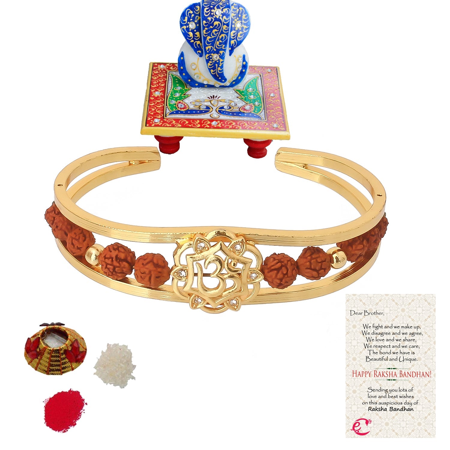 Rudrakash Kada with Lord Ganesha on Marble Chowki and Roli Tikka Matki, Best Wishes Greeting Card Kafalo