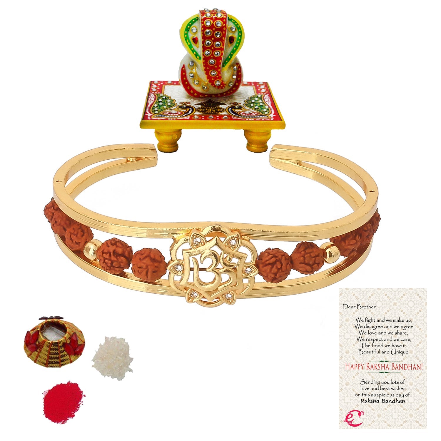 Rudrakash Kada with Lord Ganesha on Marble Chowki and Roli Tikka Matki, Best Wishes Greeting Card Kafalo