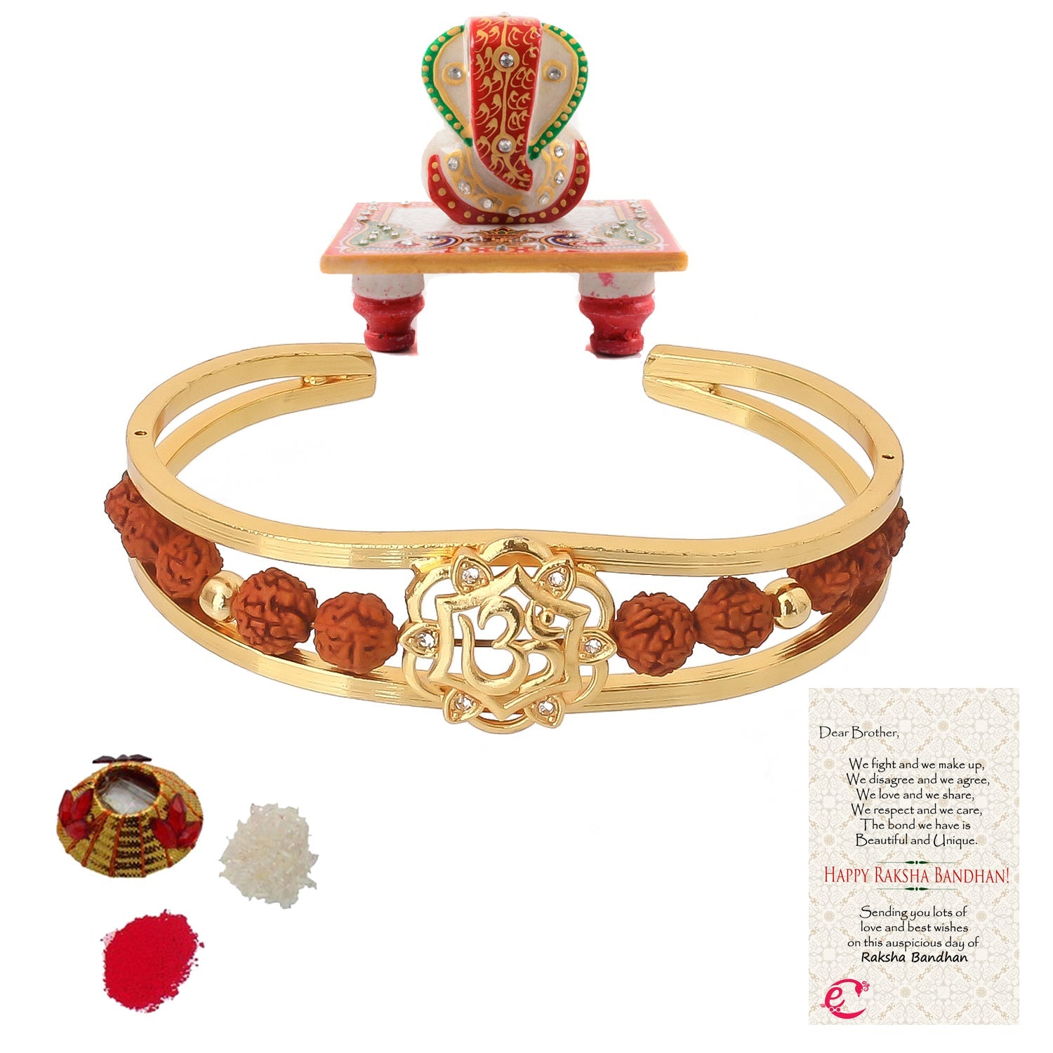 Rudrakash Kada with Lord Ganesha Marble Chowki and Roli Tikka Matki, Best Wishes Greeting Card Kafalo