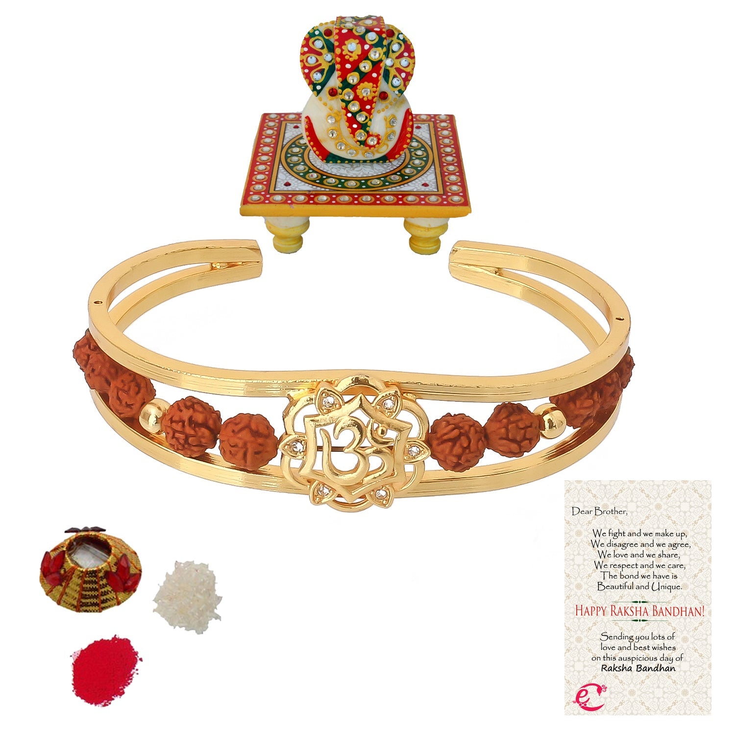 Rudrakash Kada with Lord Ganesha on Kundan Studded Marble Chowki and Roli Tikka Matki, Best Wishes Greeting Card Kafalo