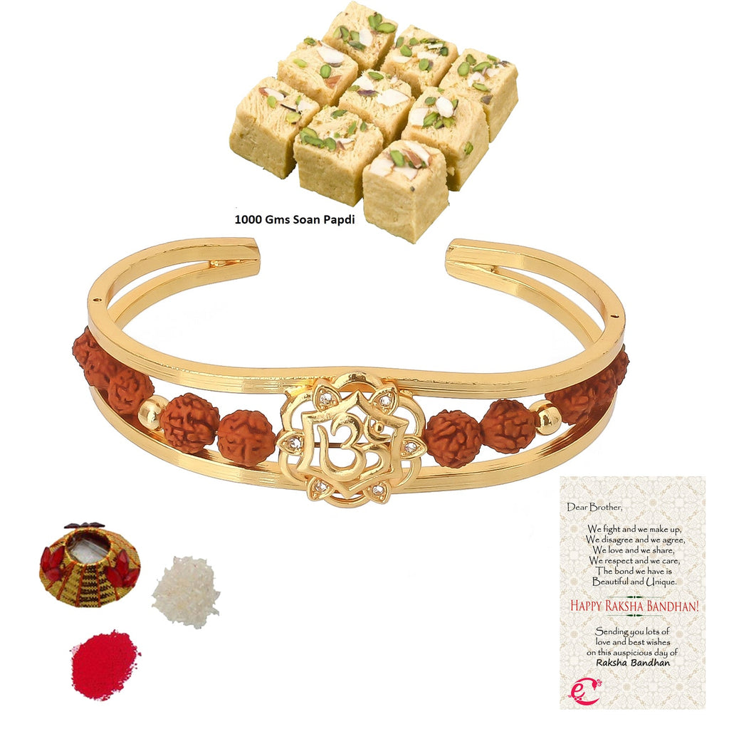 Rudrakash Kada with Soan Papdi (1 KG) and Roli Tikka Matki, Best Wishes Greeting Card Kafalo