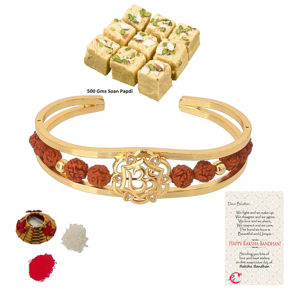 Rudrakash Kada with Soan Papdi (500 Gm) and Roli Tikka Matki, Best Wishes Greeting Card Kafalo