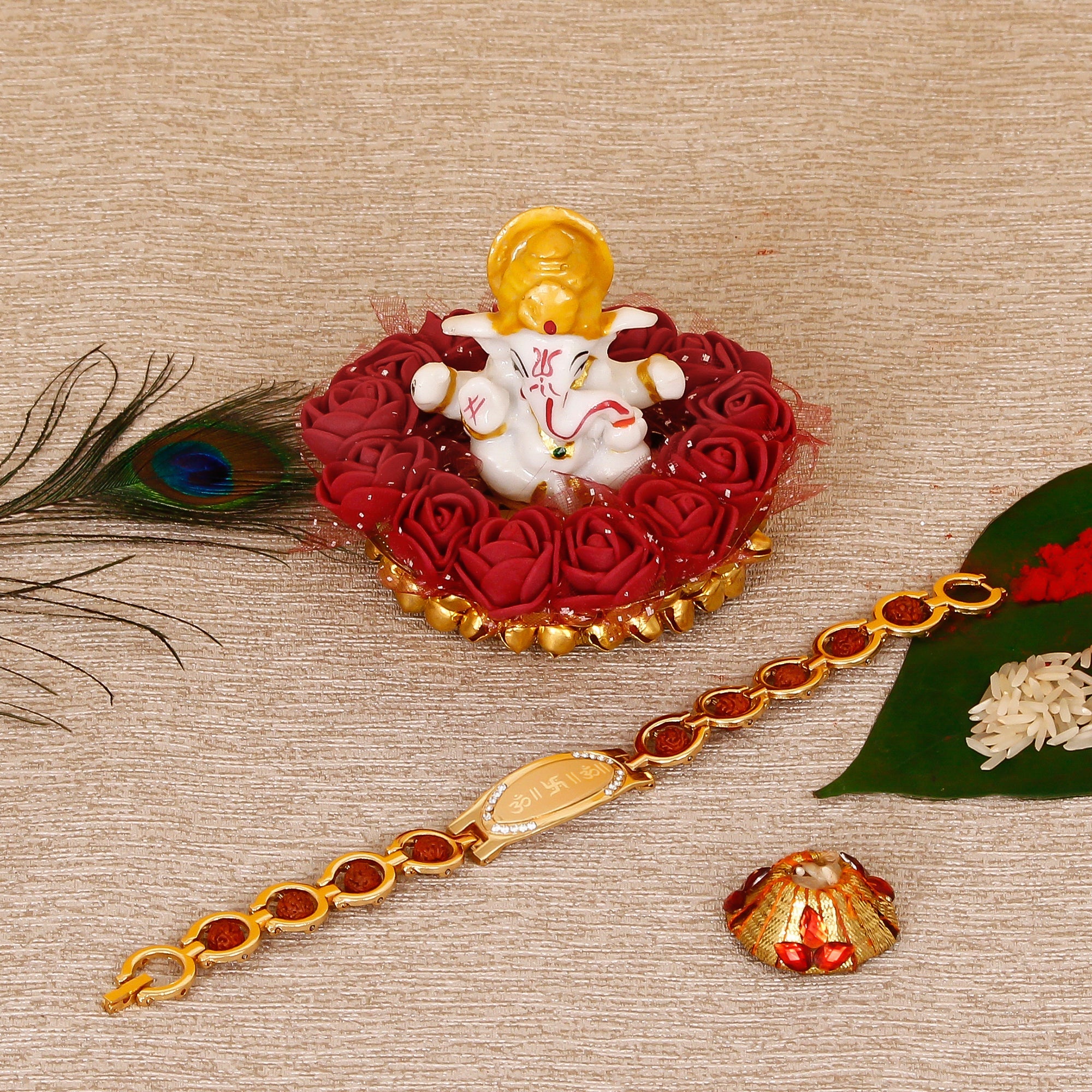 Designer Bracelet Religious Rakhi with Lord Ganesha Idol on Decorative Plate for Car & Home and Roli Tikka Matki Kafalo
