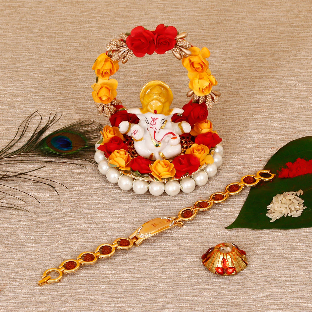 Designer Bracelet Religious Rakhi with Lord Ganesha Idol on Decorative Plate for Car & Home and Roli Tikka Matki Kafalo