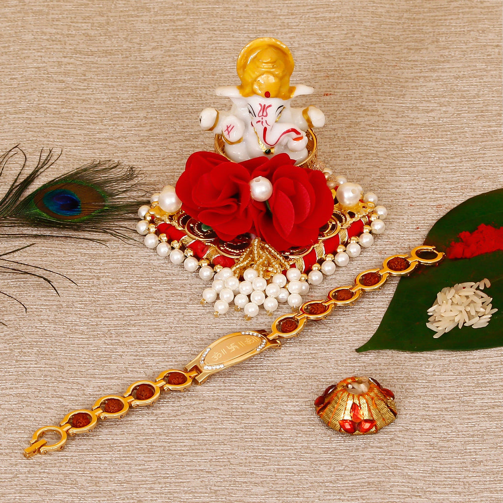 Designer Bracelet Religious Rakhi with Lord Ganesha Idol on Decorative Plate for Car & Home and Roli Tikka Matki Kafalo