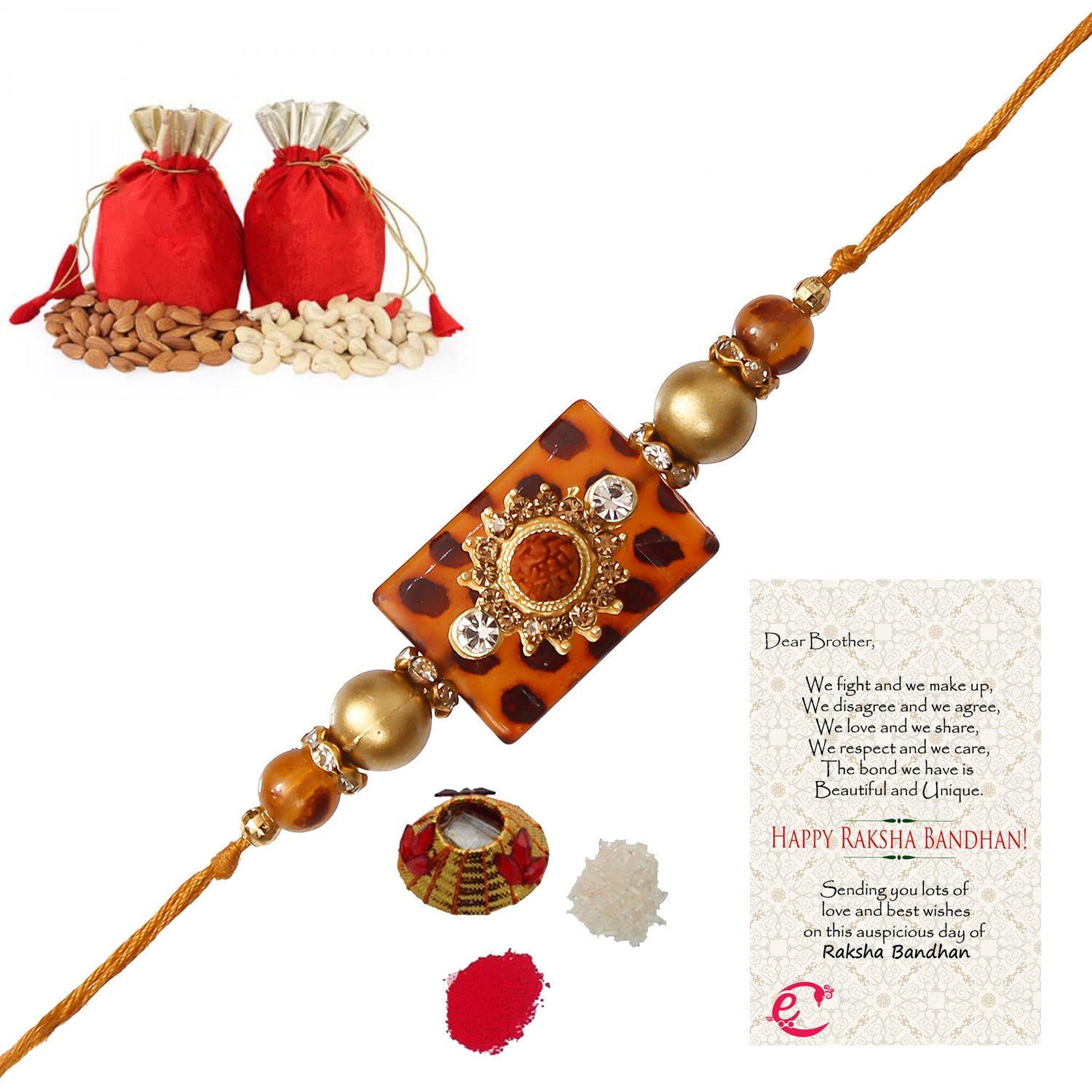 Stone Rudraksh Rakhi with Badam and Cashew (200 gm each, total 400 gm) and Roli Tikka Matki, Best Wishes Greeting Card Kafalo