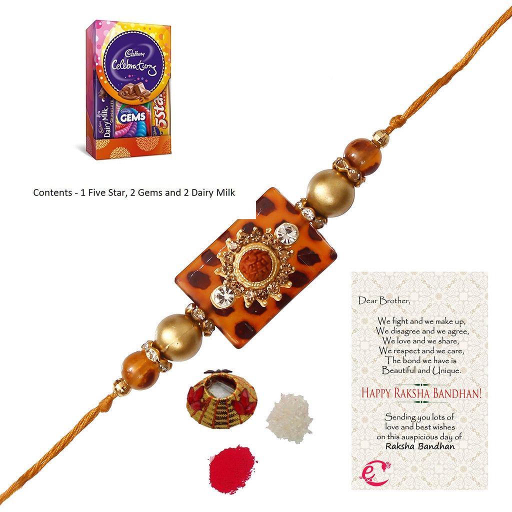 Stone Rudraksh Rakhi with Cadbury Celebrations Gift Pack of 5 Assorted Chocolates and Roli Tikka Matki, Best Wishes Greeting Card Kafalo