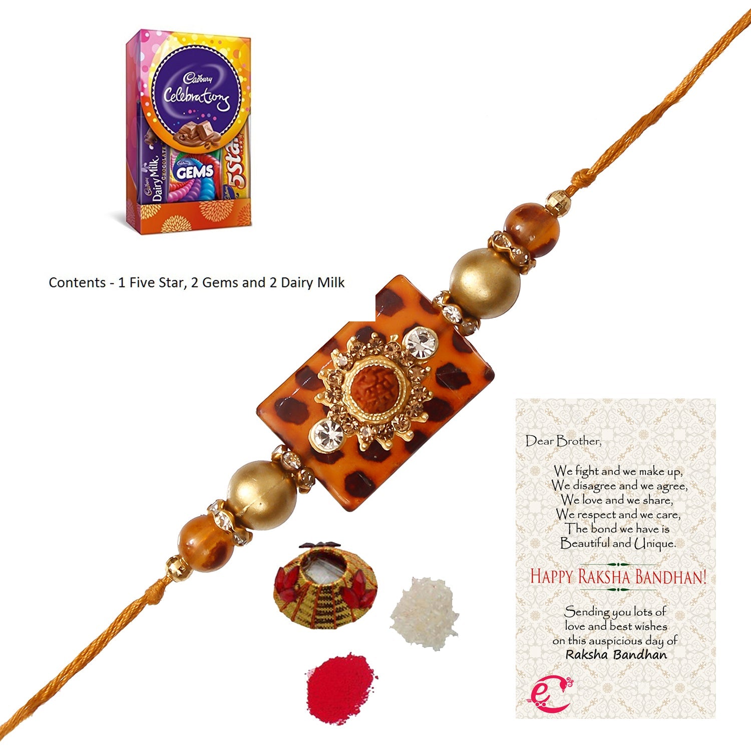 Stone Rudraksh Rakhi with Cadbury Celebrations Gift Pack of 5 Assorted Chocolates and Roli Tikka Matki, Best Wishes Greeting Card Kafalo
