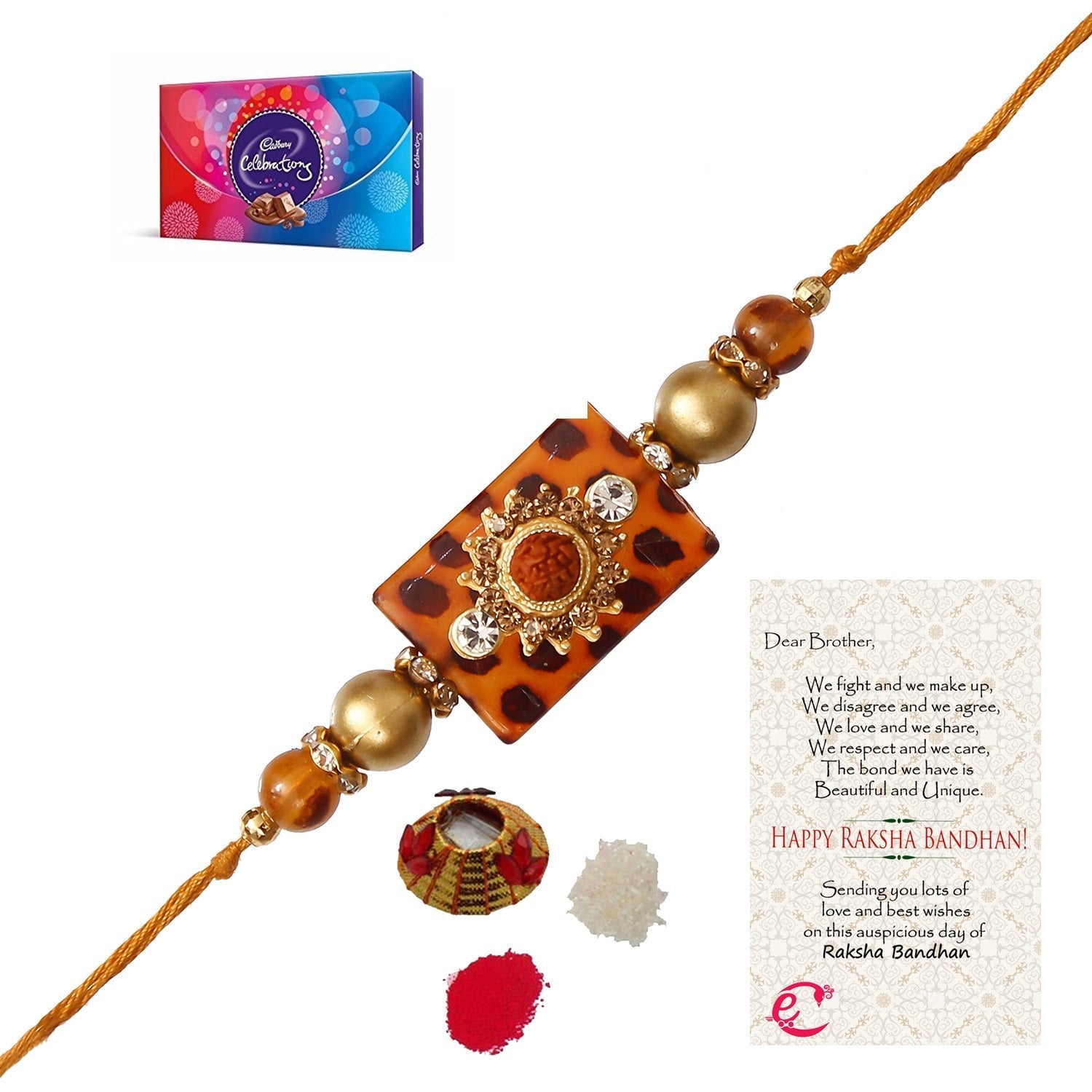 Stone Rudraksh Rakhi with Cadbury Celebrations Gift Pack of 7 Assorted Chocolates and Roli Tikka Matki, Best Wishes Greeting Card Kafalo