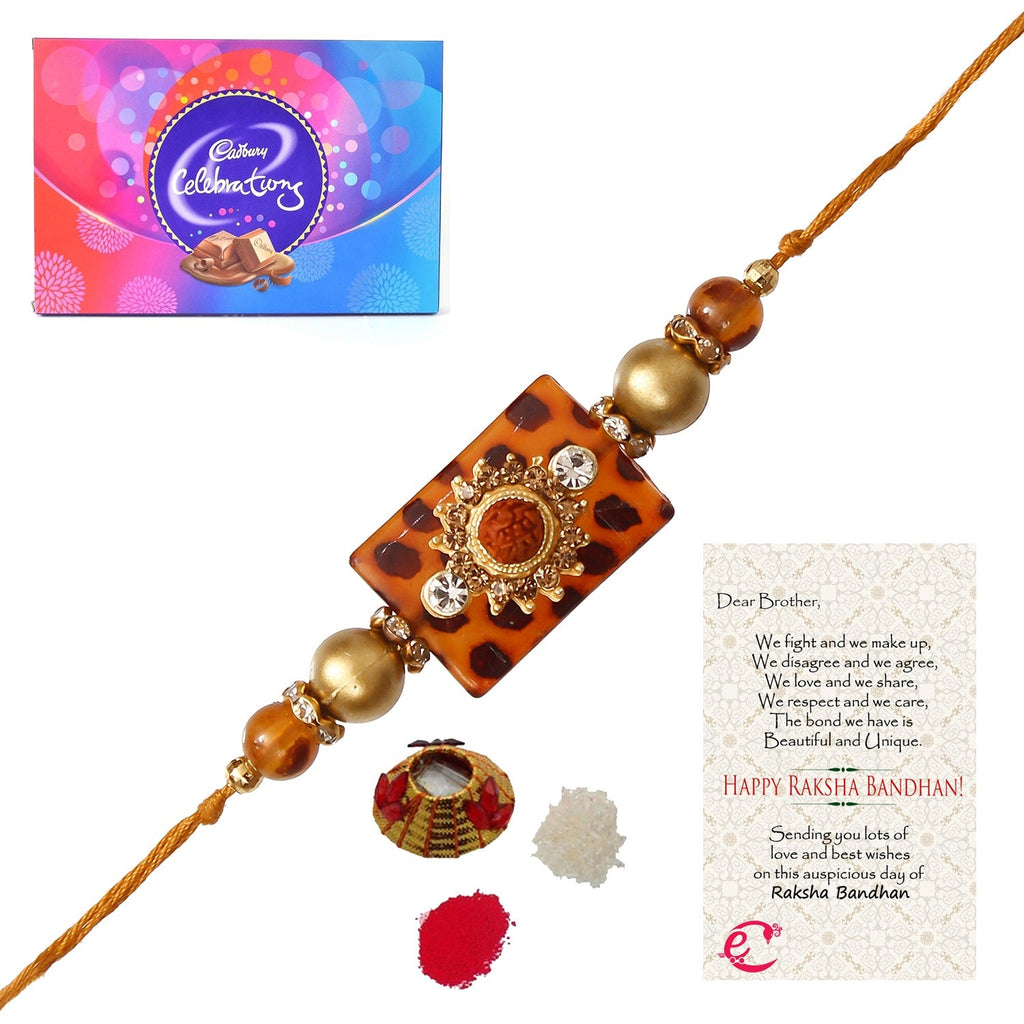 Stone Rudraksh Rakhi with Cadbury Celebrations Gift Pack of 11 Assorted Chocolates and Roli Tikka Matki, Best Wishes Greeting Card Kafalo