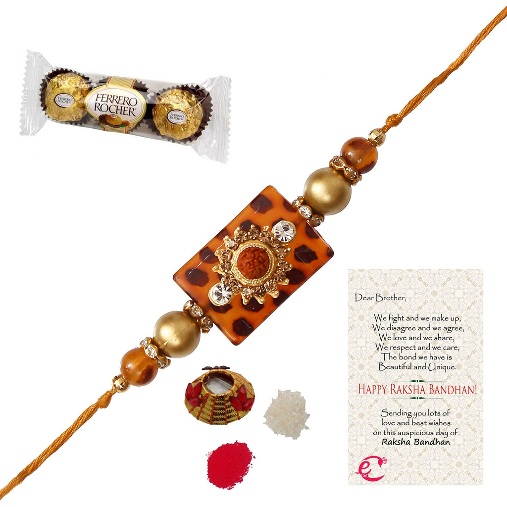 Stone Rudraksh Rakhi with Ferrero Rocher (3 pcs) and Roli Tikka Matki, Best Wishes Greeting Card Kafalo
