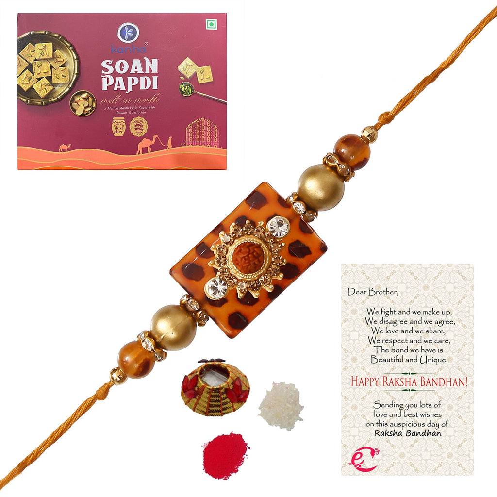 Stone Rudraksh Rakhi with Soan Papdi (500 Gm) and Roli Tikka Matki, Best Wishes Greeting Card Kafalo