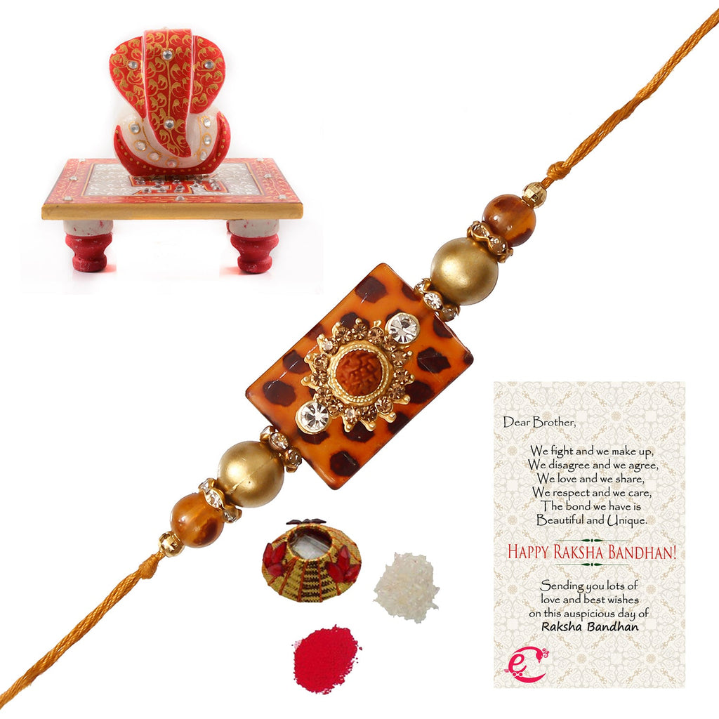 Stone Rudraksh Rakhi with Ridhi Sidhi Marble chowki and Roli Tikka Matki, Best Wishes Greeting Card Kafalo