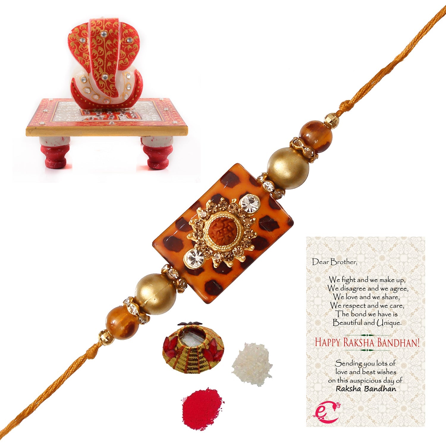 Stone Rudraksh Rakhi with Ridhi Sidhi Marble chowki and Roli Tikka Matki, Best Wishes Greeting Card Kafalo