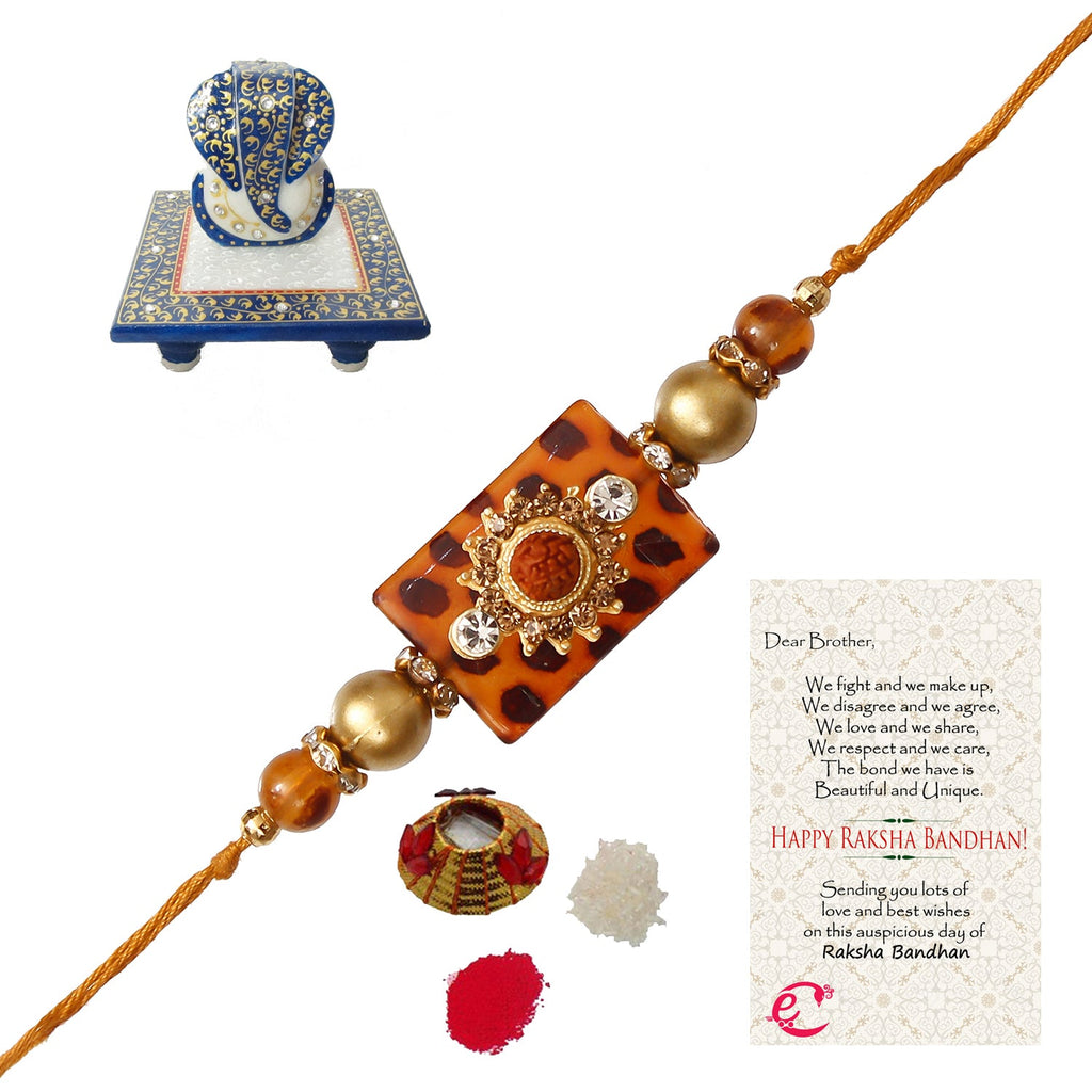 Stone Rudraksh Rakhi with Lord Ganesha Marble Chowki and Roli Tikka Matki, Best Wishes Greeting Card Kafalo