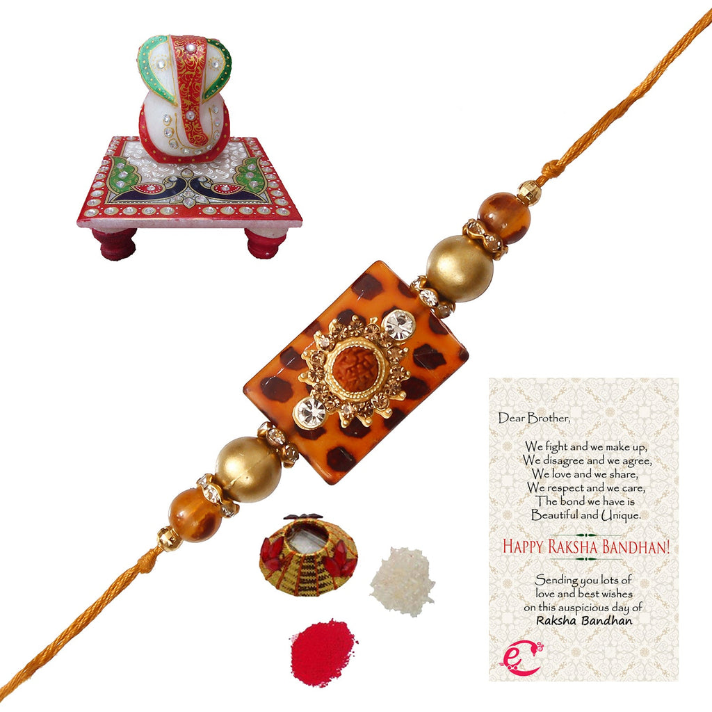 Stone Rudraksh Rakhi with Lord Ganesha Marble Chowki and Roli Tikka Matki, Best Wishes Greeting Card Kafalo