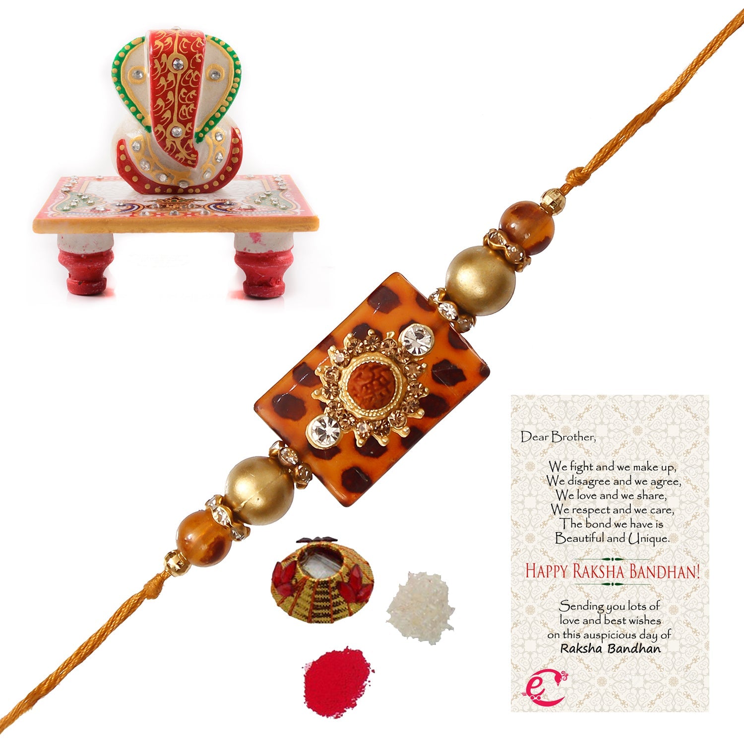 Stone Rudraksh Rakhi with Lord Ganesha Marble Chowki and Roli Tikka Matki, Best Wishes Greeting Card Kafalo