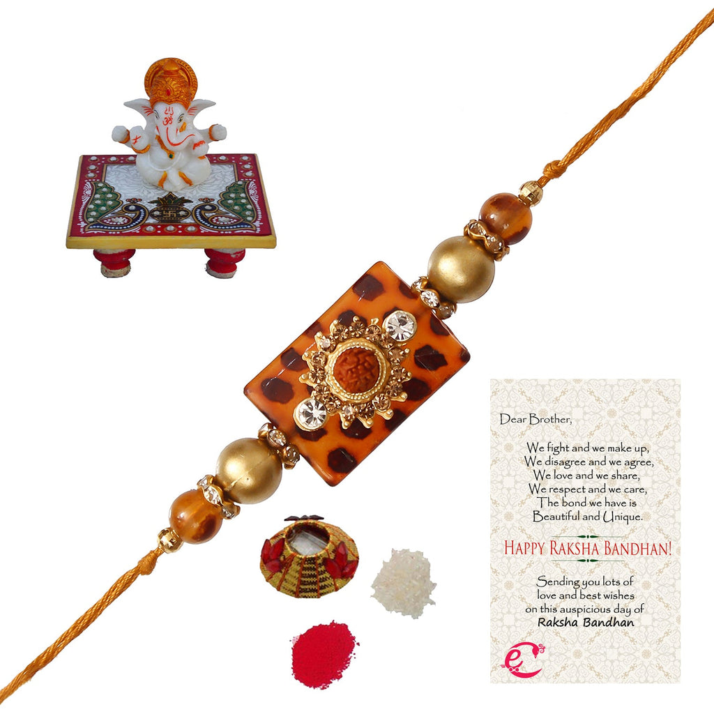 Stone Rudraksh Rakhi with Lord Ganesha Marble Chowki and Roli Tikka Matki, Best Wishes Greeting Card Kafalo