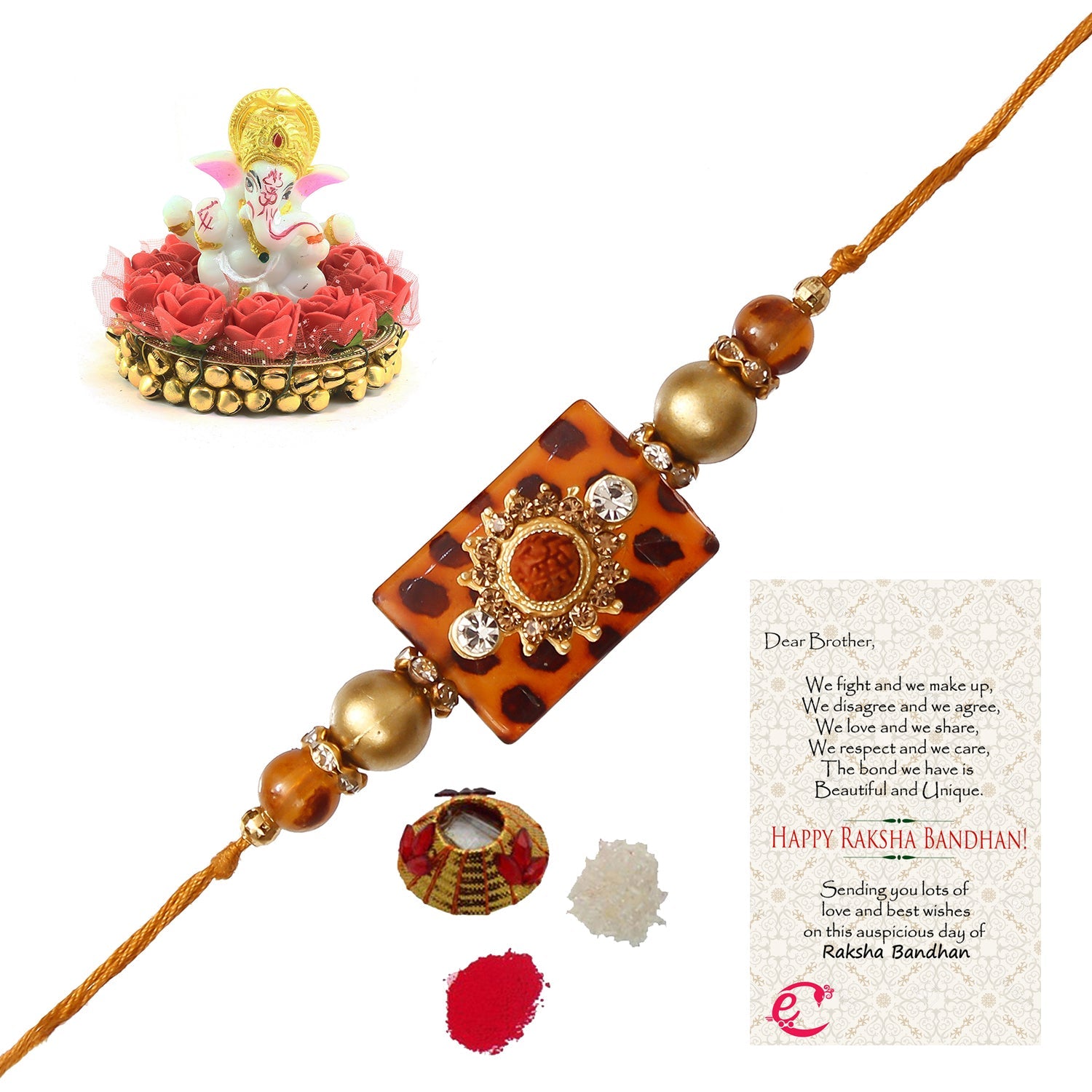 Stone Rudraksh Rakhi with Lord Ganesha Idol on Decorative Plate for Car & Home and Roli Tikka Matki, Best Wishes Greeting Card Kafalo