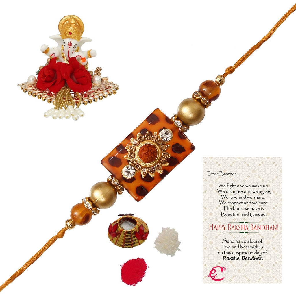 Stone Rudraksh Rakhi with Lord Ganesha Idol on Decorative Plate for Car & Home and Roli Tikka Matki, Best Wishes Greeting Card Kafalo
