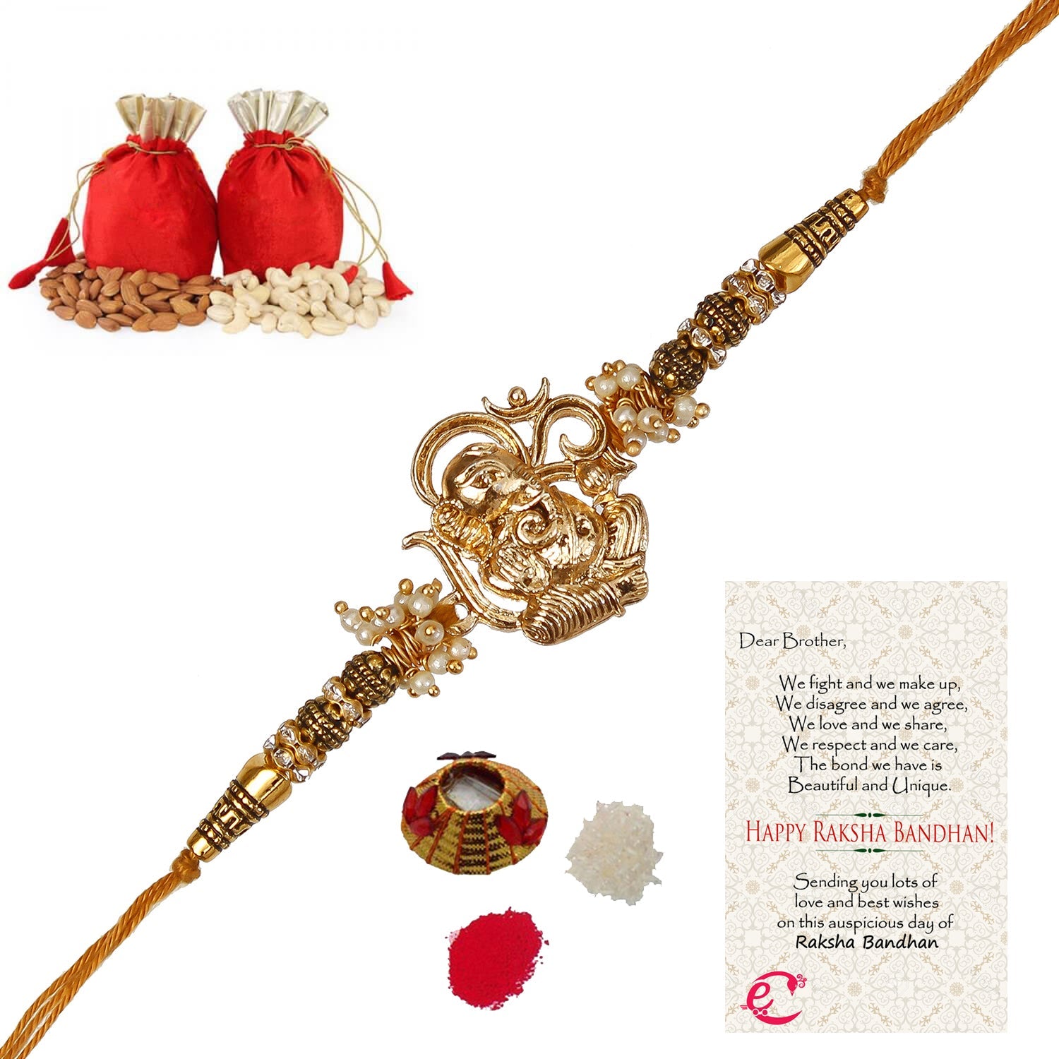 Designer Ganesha Rakhi with Badam and Cashew (200 gm each, total 400 gm) and Roli Tikka Matki, Best Wishes Greeting Card Kafalo
