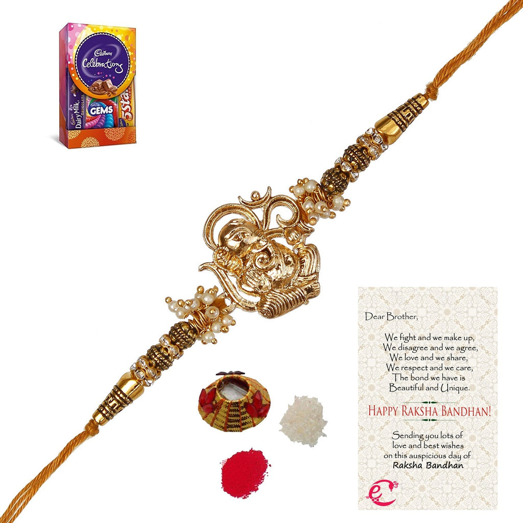 Designer Ganesha Rakhi with Cadbury Celebrations Gift Pack of 5 Assorted Chocolates and Roli Tikka Matki, Best Wishes Greeting Card Kafalo