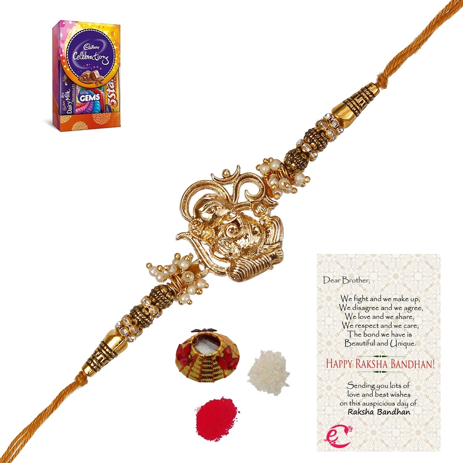 Designer Ganesha Rakhi with Cadbury Celebrations Gift Pack of 5 Assorted Chocolates and Roli Tikka Matki, Best Wishes Greeting Card Kafalo