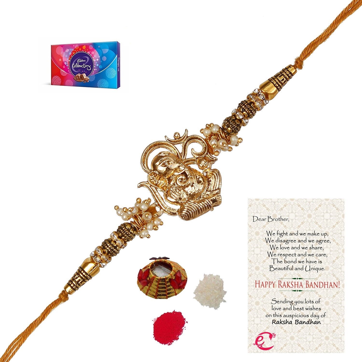 Designer Ganesha Rakhi with Cadbury Celebrations Gift Pack of 7 Assorted Chocolates and Roli Tikka Matki, Best Wishes Greeting Card Kafalo