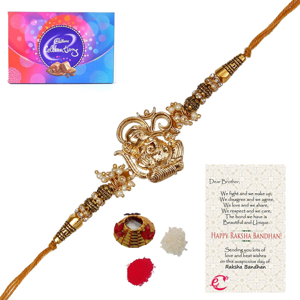 Designer Ganesha Rakhi with Cadbury Celebrations Gift Pack of 11 Assorted Chocolates and Roli Tikka Matki, Best Wishes Greeting Card Kafalo