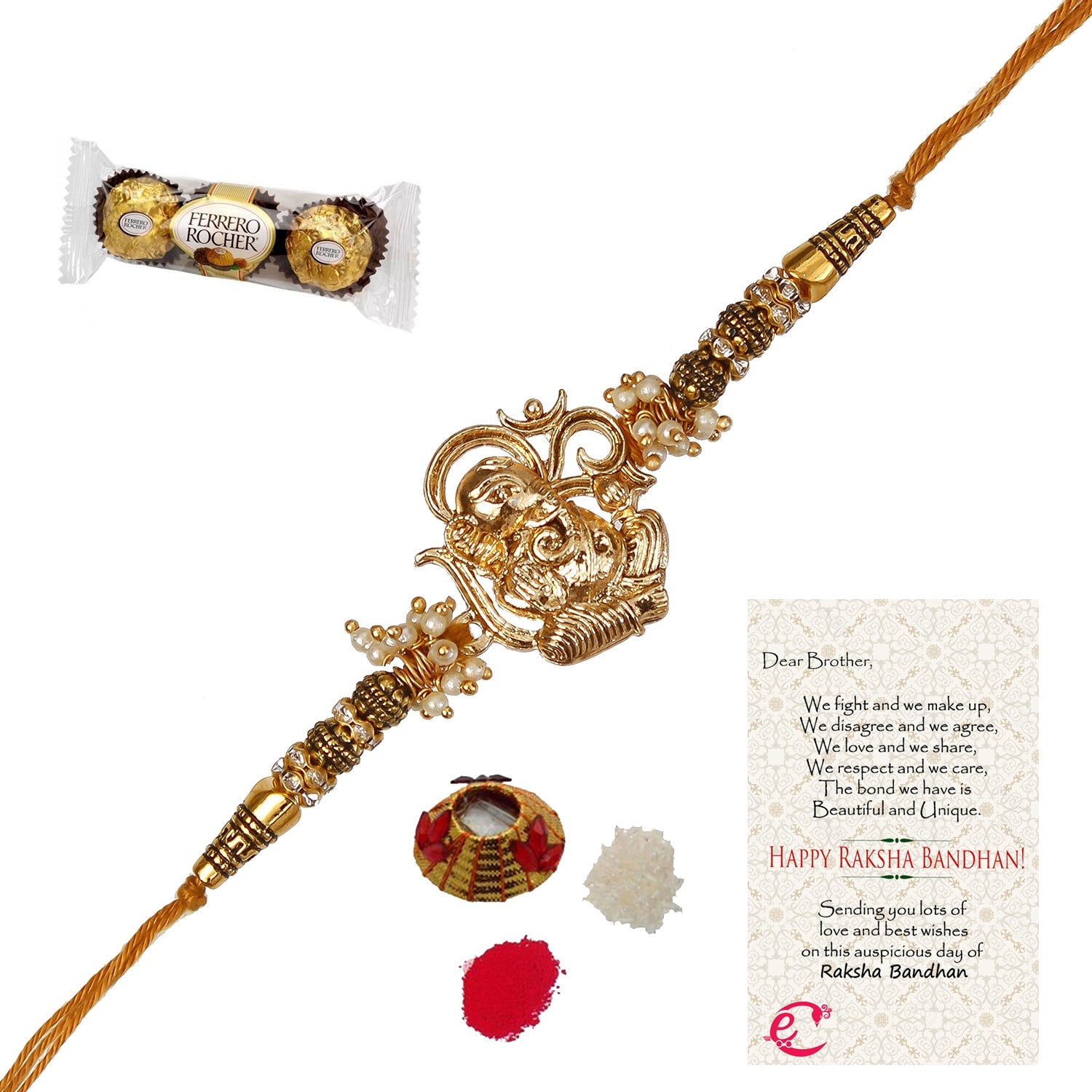 Designer Ganesha Rakhi with Ferrero Rocher (3 pcs) and Roli Tikka Matki, Best Wishes Greeting Card Kafalo