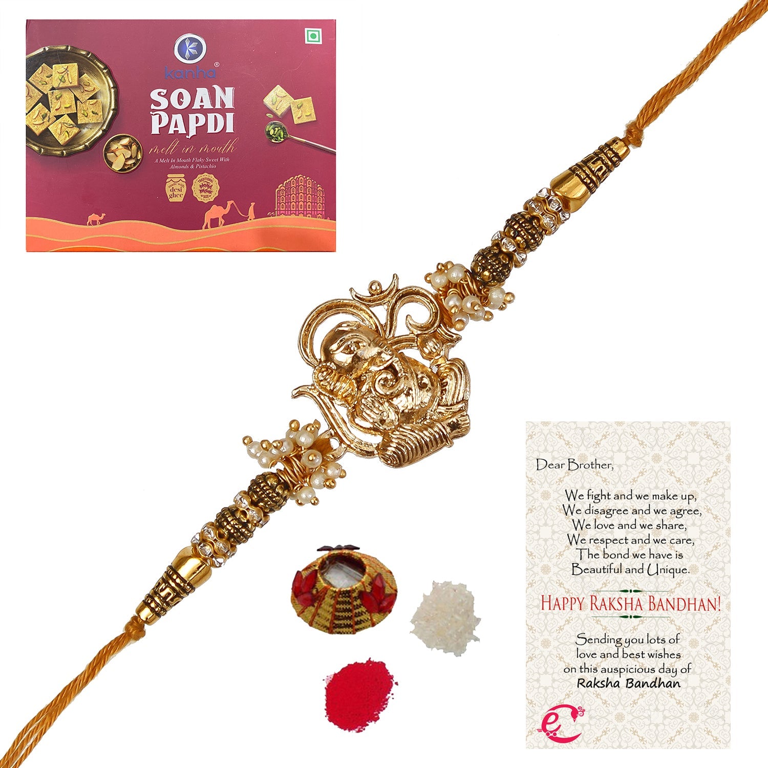 Designer Ganesha Rakhi with Soan Papdi (500 Gm) and Roli Tikka Matki, Best Wishes Greeting Card Kafalo