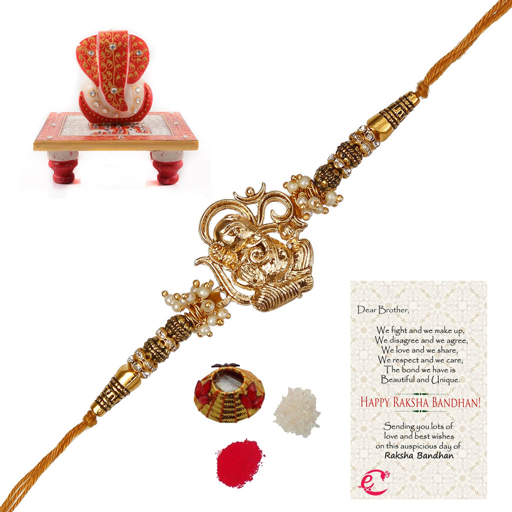 Designer Ganesha Rakhi with Ridhi Sidhi Marble chowki and Roli Tikka Matki, Best Wishes Greeting Card Kafalo