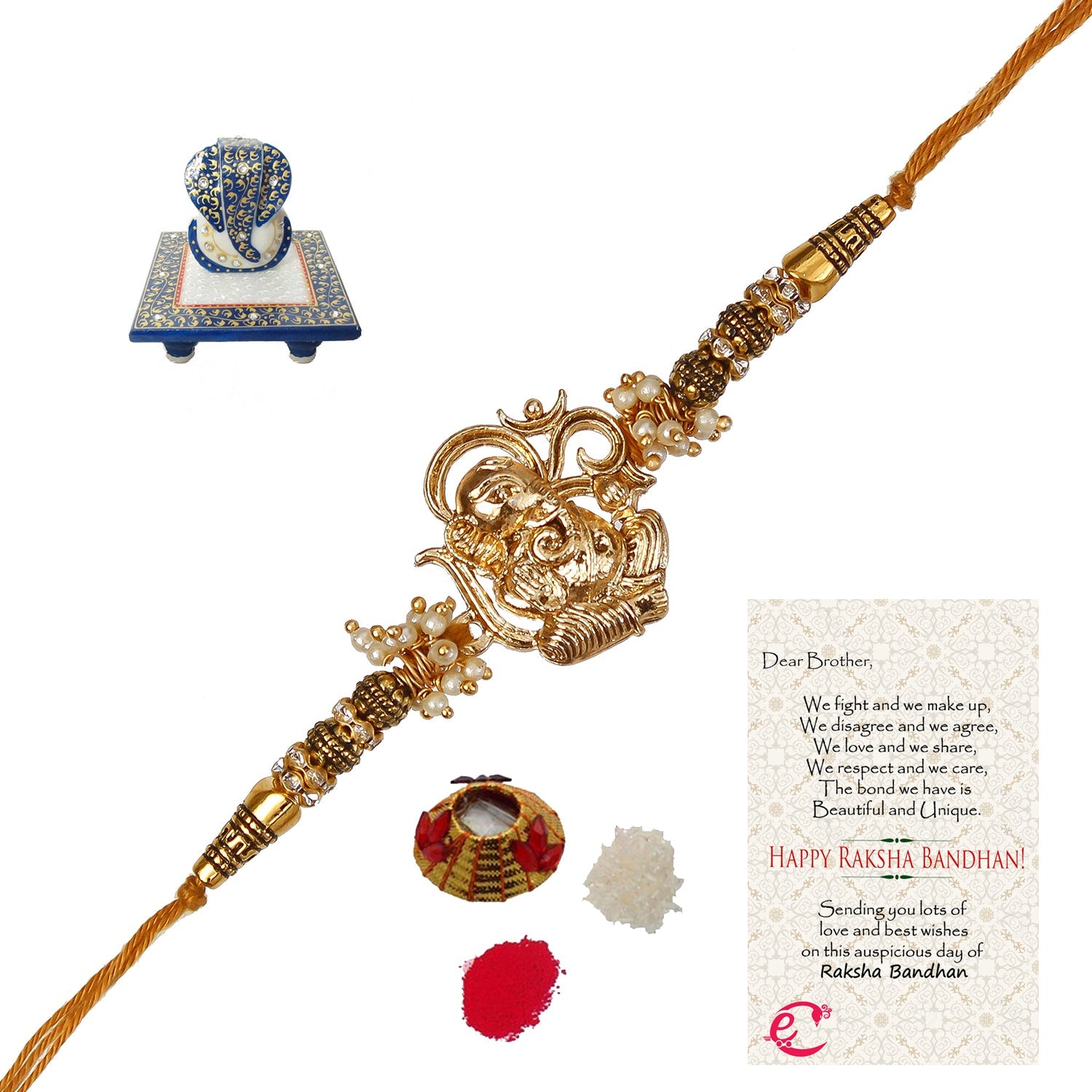 Designer Ganesha Rakhi with Lord Ganesha Marble Chowki and Roli Tikka Matki, Best Wishes Greeting Card Kafalo
