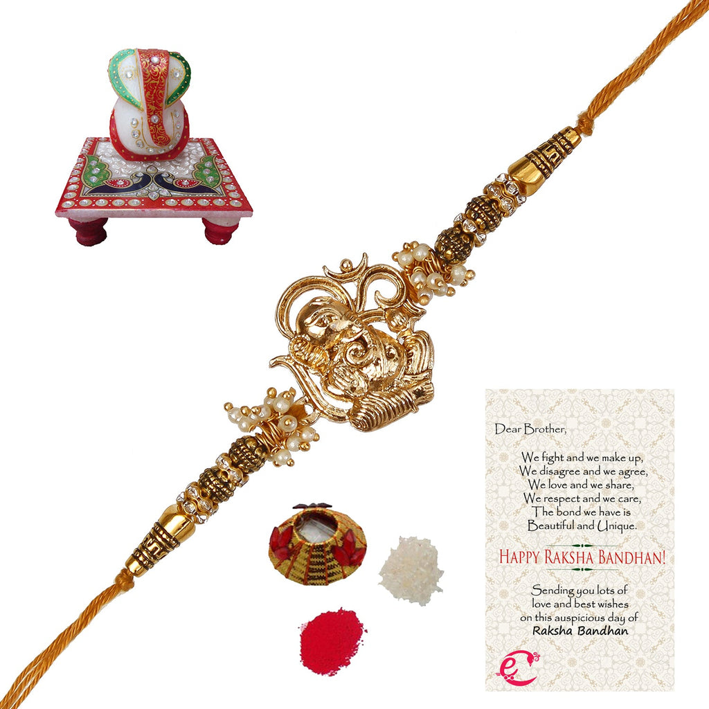 Designer Ganesha Rakhi with Lord Ganesha Marble Chowki and Roli Tikka Matki, Best Wishes Greeting Card Kafalo