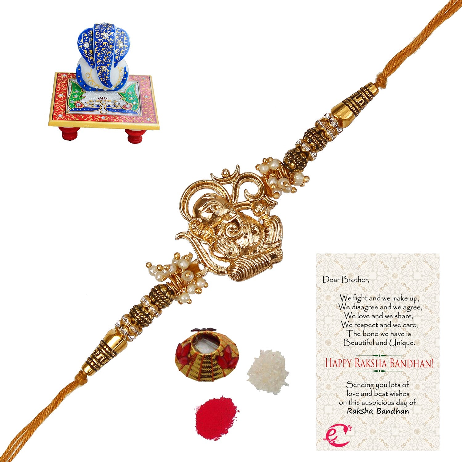 Designer Ganesha Rakhi with Lord Ganesha on Marble Chowki and Roli Tikka Matki, Best Wishes Greeting Card Kafalo