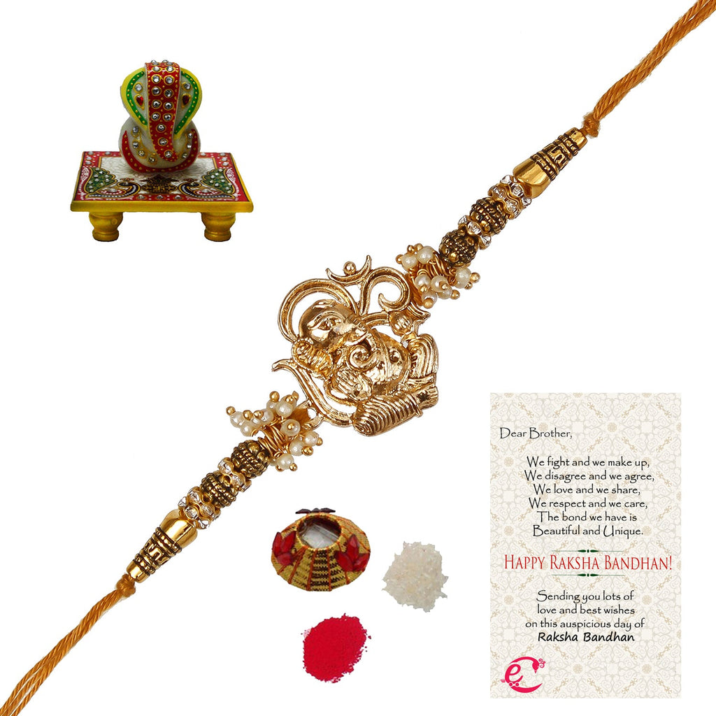 Designer Ganesha Rakhi with Lord Ganesha on Marble Chowki and Roli Tikka Matki, Best Wishes Greeting Card Kafalo