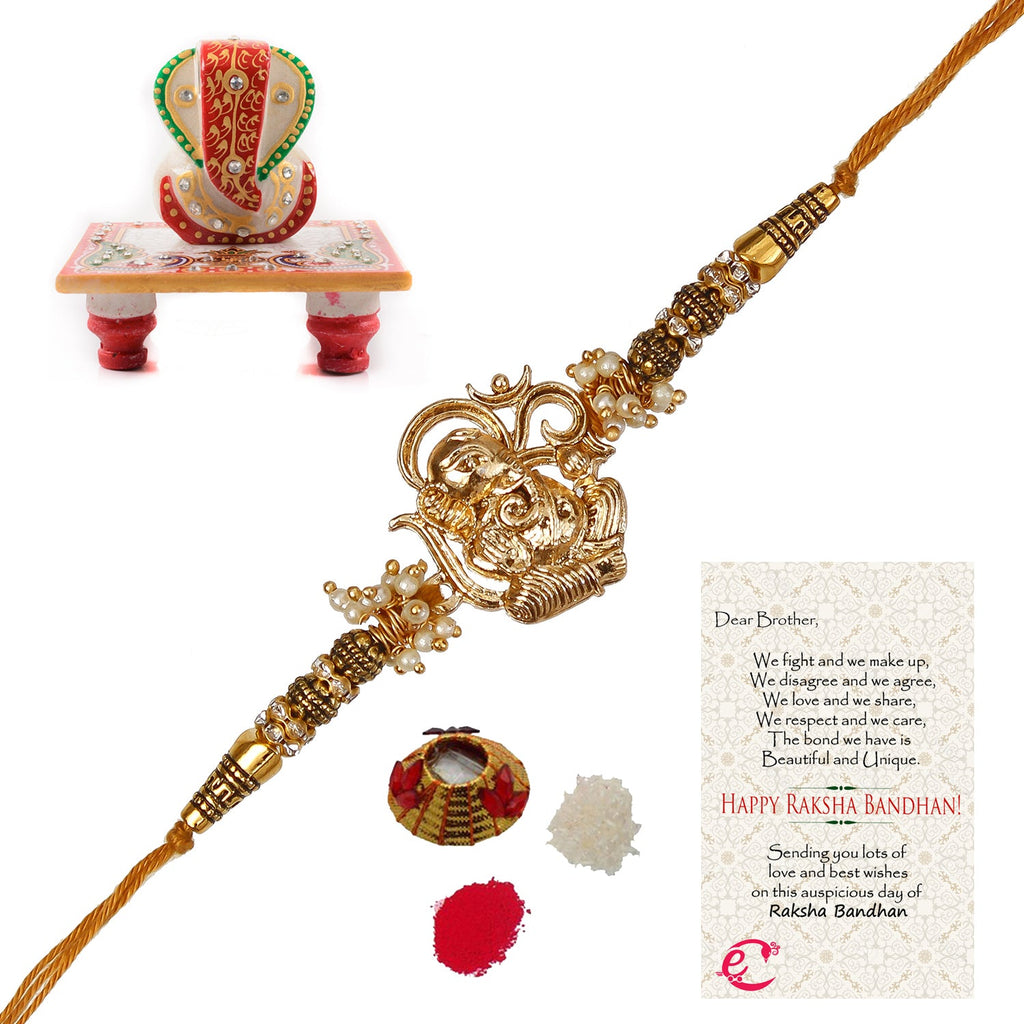 Designer Ganesha Rakhi with Lord Ganesha Marble Chowki and Roli Tikka Matki, Best Wishes Greeting Card Kafalo