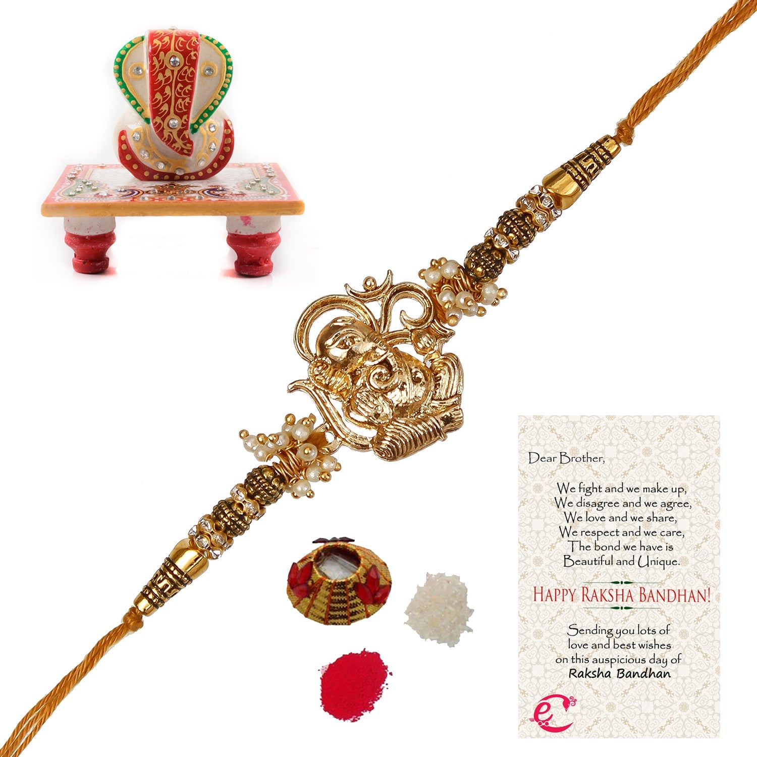 Designer Ganesha Rakhi with Lord Ganesha Marble Chowki and Roli Tikka Matki, Best Wishes Greeting Card Kafalo
