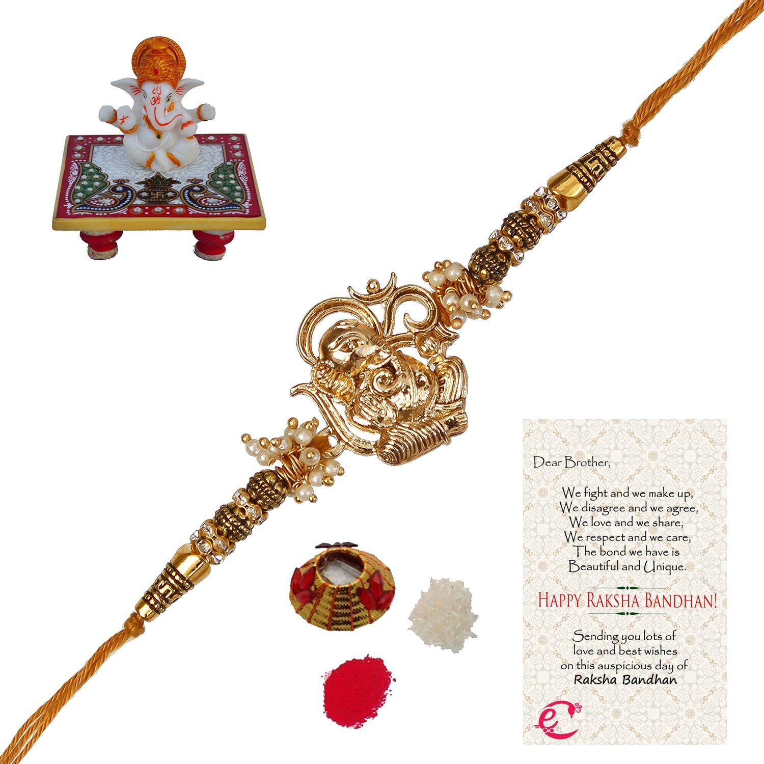 Designer Ganesha Rakhi with Lord Ganesha Marble Chowki and Roli Tikka Matki, Best Wishes Greeting Card Kafalo