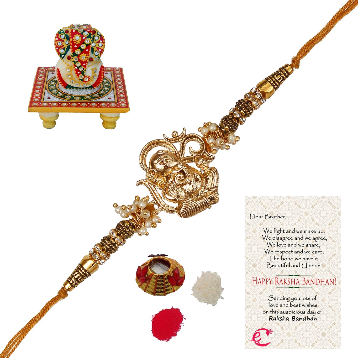 Designer Ganesha Rakhi with Lord Ganesha on Kundan Studded Marble Chowki and Roli Tikka Matki, Best Wishes Greeting Card Kafalo