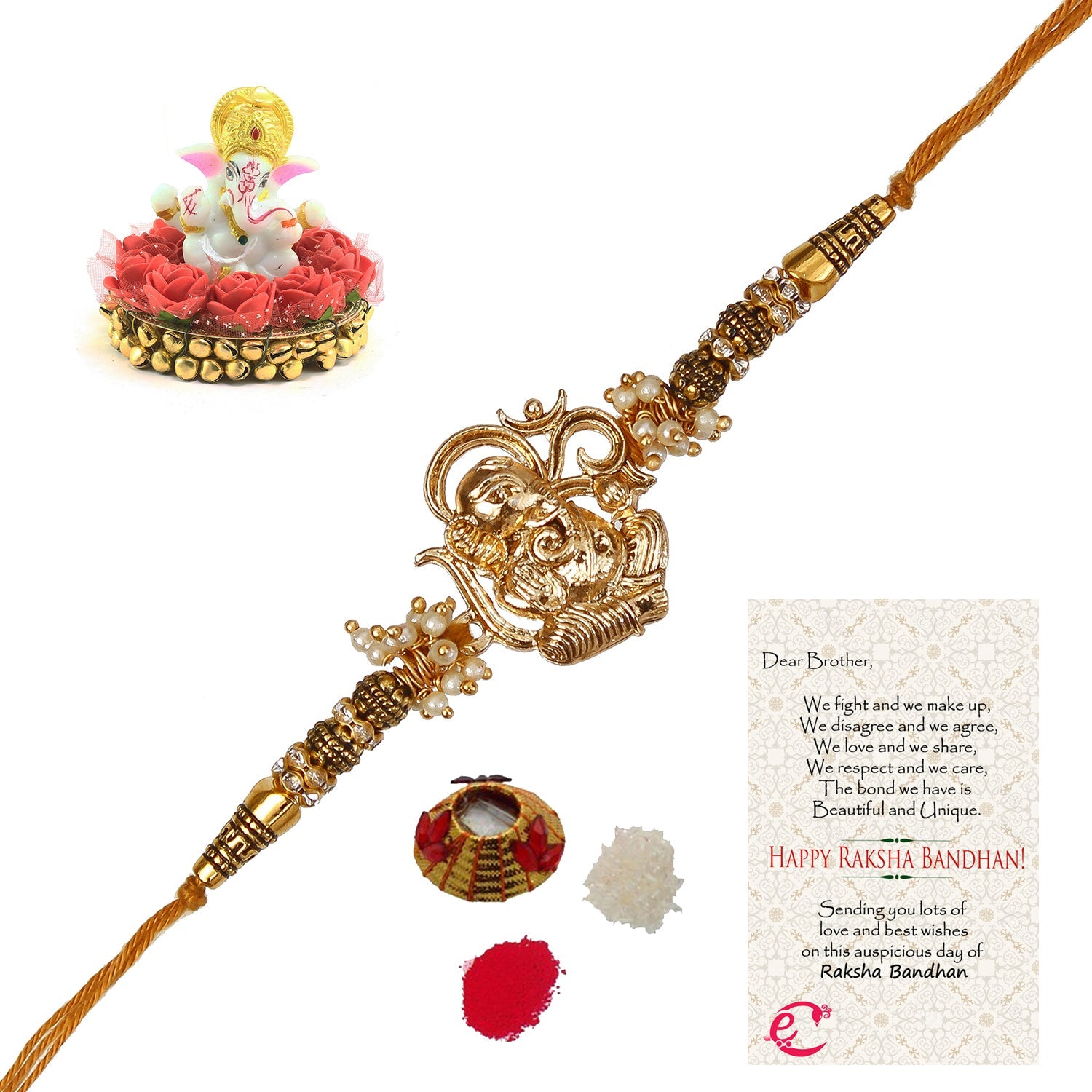 Designer Ganesha Rakhi with Lord Ganesha Idol on Decorative Plate for Car & Home and Roli Tikka Matki, Best Wishes Greeting Card Kafalo
