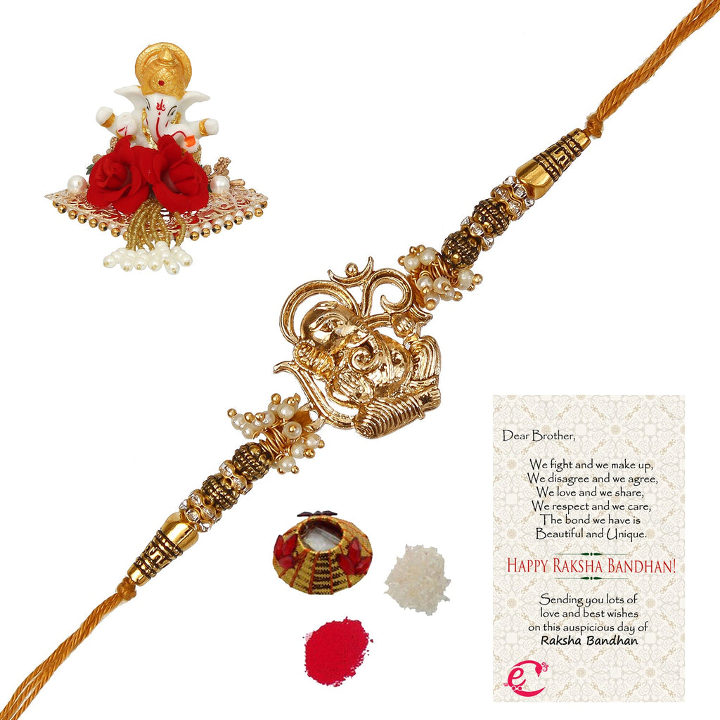 Designer Ganesha Rakhi with Lord Ganesha Idol on Decorative Plate for Car & Home and Roli Tikka Matki, Best Wishes Greeting Card Kafalo