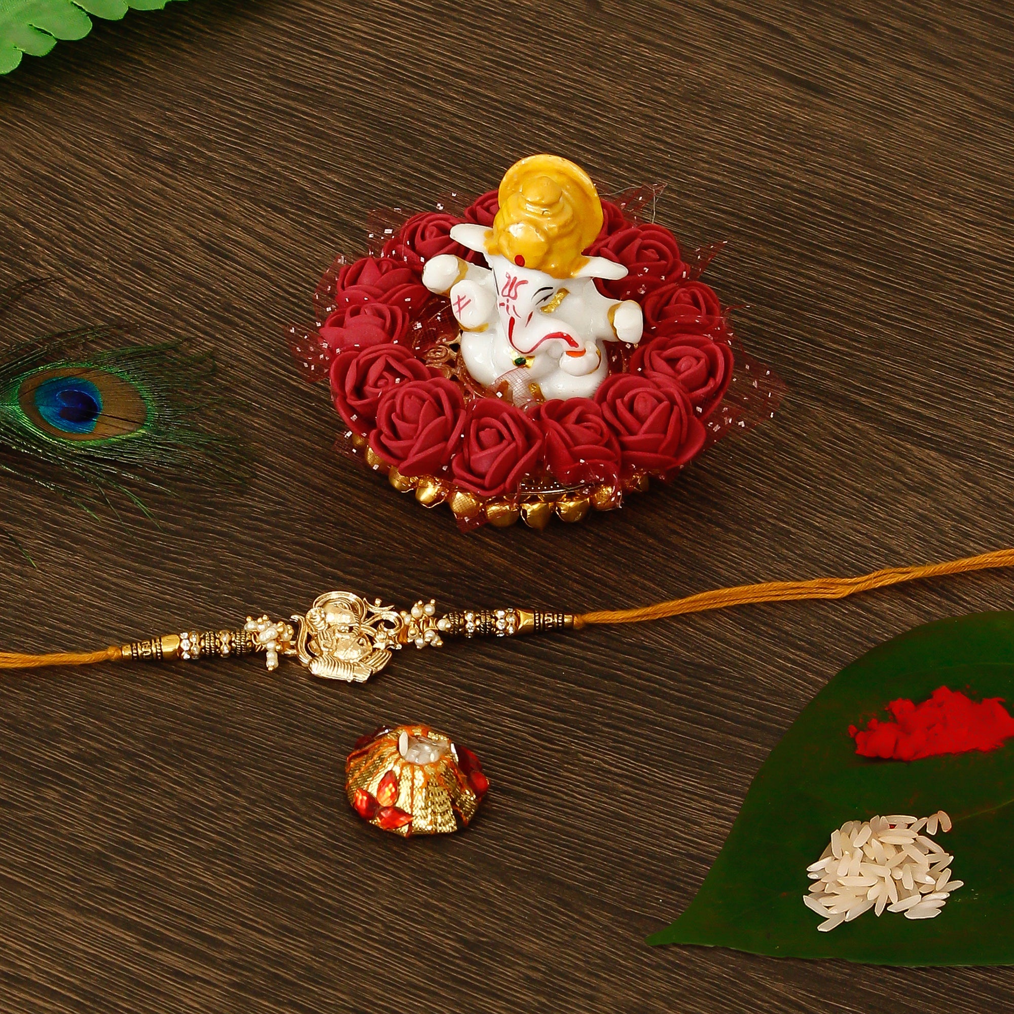 Designer Ganesha Rakhi with Lord Ganesha Idol on Decorative Plate for Car & Home and Roli Tikka Matki Kafalo