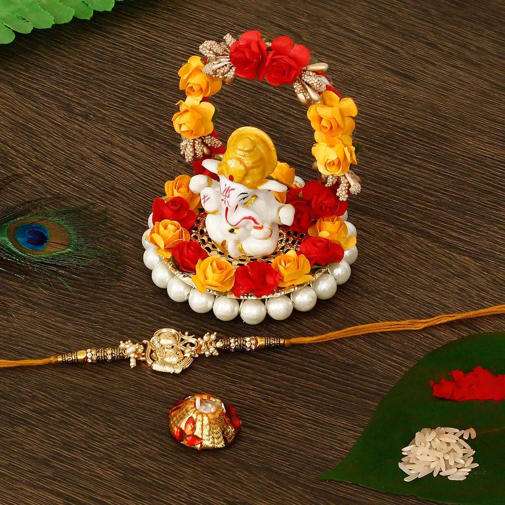 Designer Ganesha Rakhi with Lord Ganesha Idol on Decorative Plate for Car & Home and Roli Tikka Matki Kafalo