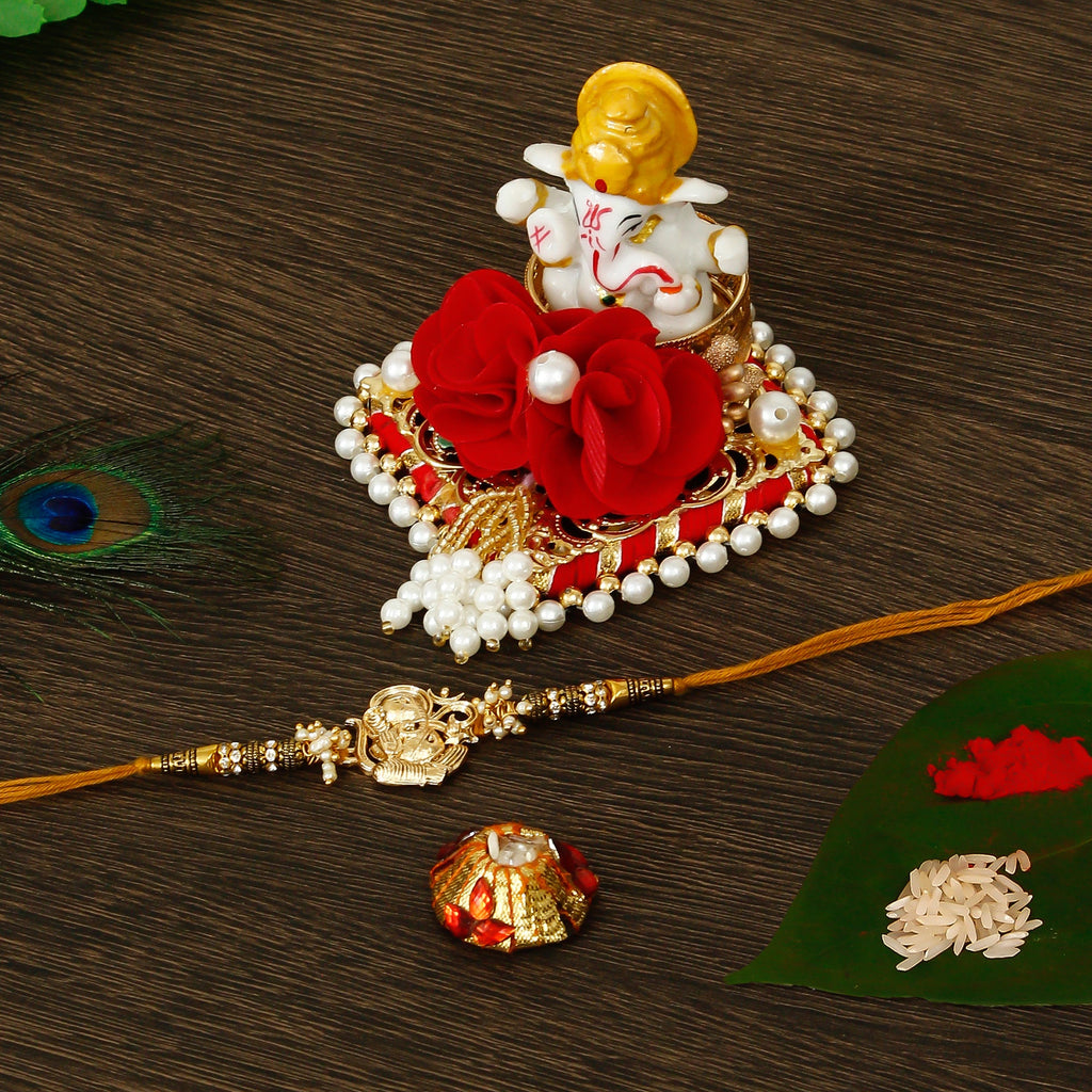 Designer Ganesha Rakhi with Lord Ganesha Idol on Decorative Plate for Car & Home and Roli Tikka Matki Kafalo