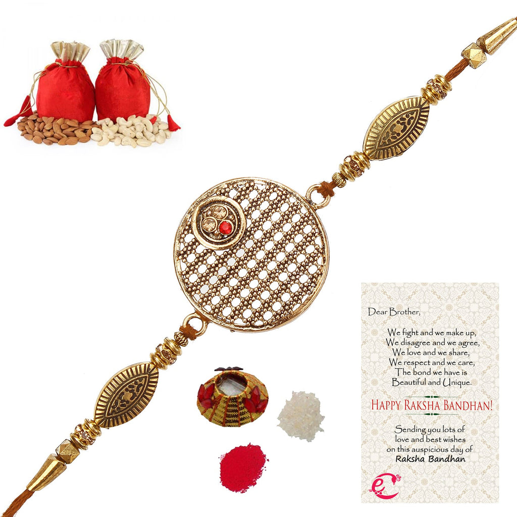 Designer Rakhi with Badam and Cashew (200 gm each, total 400 gm) and Roli Tikka Matki, Best Wishes Greeting Card Kafalo