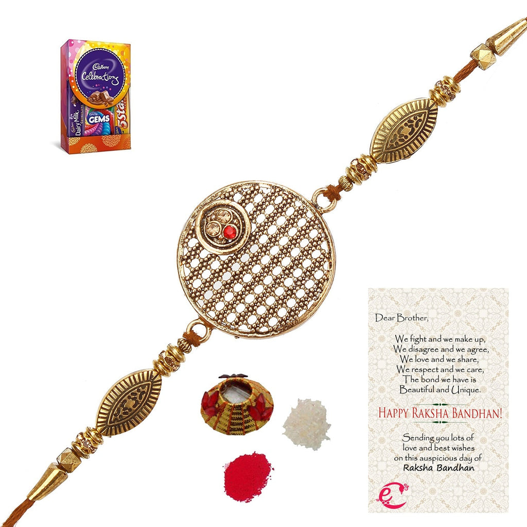 Designer Rakhi with Cadbury Celebrations Gift Pack of 5 Assorted Chocolates and Roli Tikka Matki, Best Wishes Greeting Card Kafalo