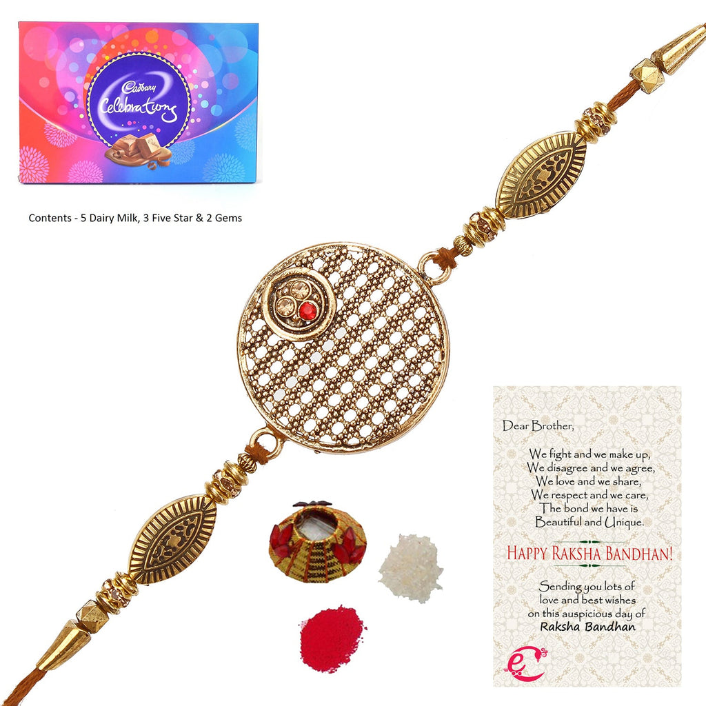 Designer Rakhi with Cadbury Celebrations Gift Pack of 11 Assorted Chocolates and Roli Tikka Matki, Best Wishes Greeting Card Kafalo
